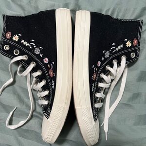 Floral Embroidered Black High-Top Sneakers